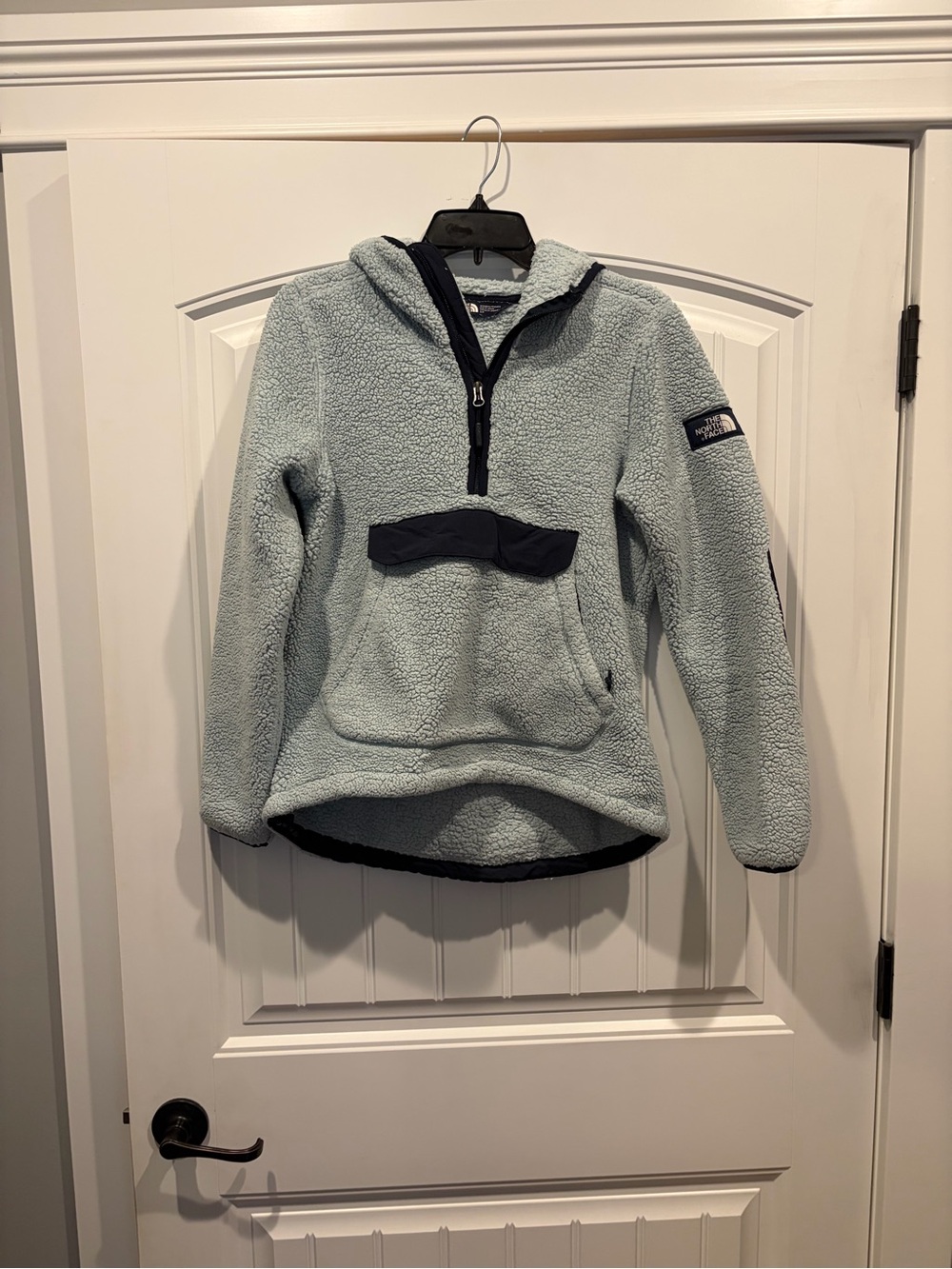 The North Face Light Blue Sherpa Fleece Hoodie with Navy Accents